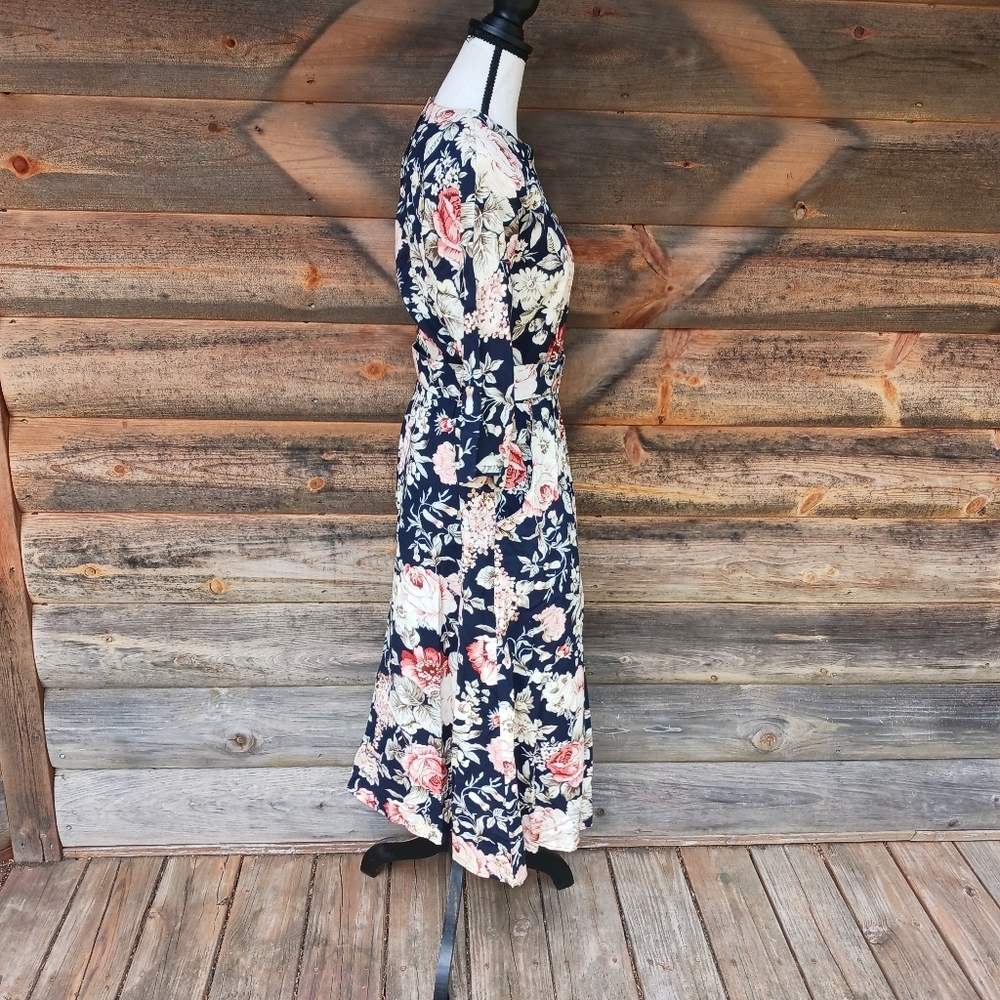 Vintage 80s Paquette Floral Puff Sleeve‎ Dress Size 8 Belted Midi Cottagecore - Picture 4 of 9